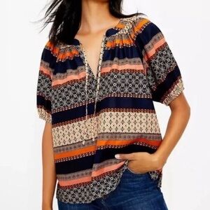 Loft Foulard Tie Neck Puff Sleeve Blouse, Orange Flame Print size Large